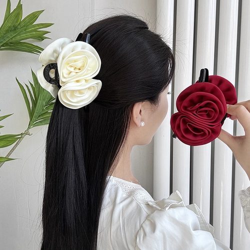 森系玫瑰花朵抓夹女后脑勺夏季头花感盘发夹大号鲨鱼夹