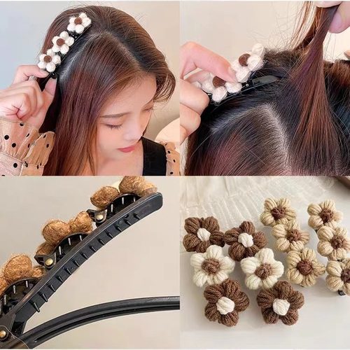 白鹿同款针织毛线甜美花朵奶咖编发夹刘海碎发整理秋冬前额发卡