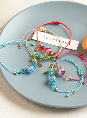 2026时尚夜光琉璃花朵红绳手链编织简约百搭感男饰品礼物手串