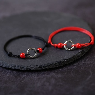 2026时尚 古银色平安扣手绳一对原创设计小众男女情侣手饰复古编织