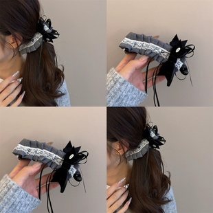 2026时尚 灰百褶裙摆蕾丝蝴蝶结香蕉夹气质格雷灰手工发夹 手作西装