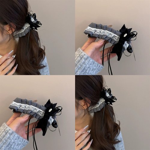2026时尚手作西装灰百褶裙摆蕾丝蝴蝶结香蕉夹气质格雷灰手工发夹