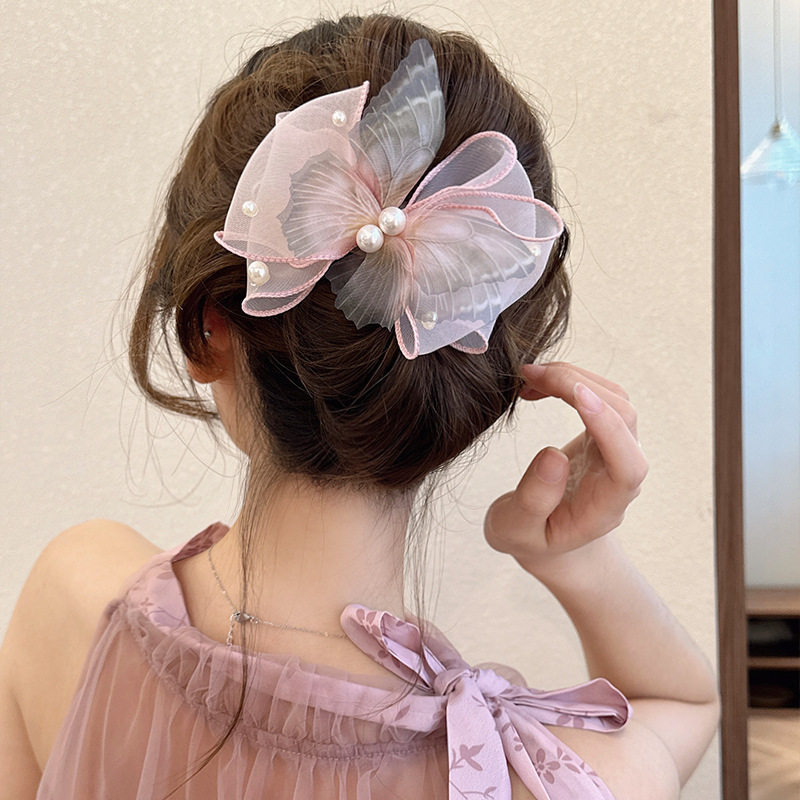 超仙网纱珍珠蝴蝶结发夹女后脑勺森系盘发鸭嘴夹感发卡头饰