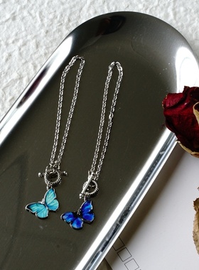 2026时尚韩国东大门蓝色蝴蝶一字扣手链小众设计ins情侣闺蜜手镯