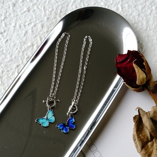 2026时尚 韩国东大门蓝色蝴蝶一字扣手链小众设计ins情侣闺蜜手镯