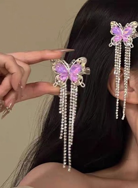 2026时尚超仙紫色蝴蝶流苏发夹女轻奢感锆石侧边夹个性精致百搭