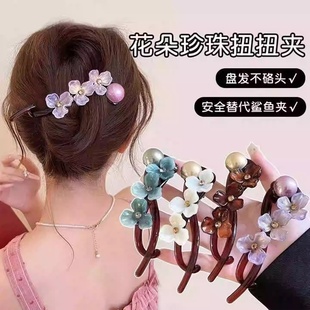 2026时尚 后脑勺盘发一字夹气质半扎发夹 复古感花朵扭扭夹2025新款