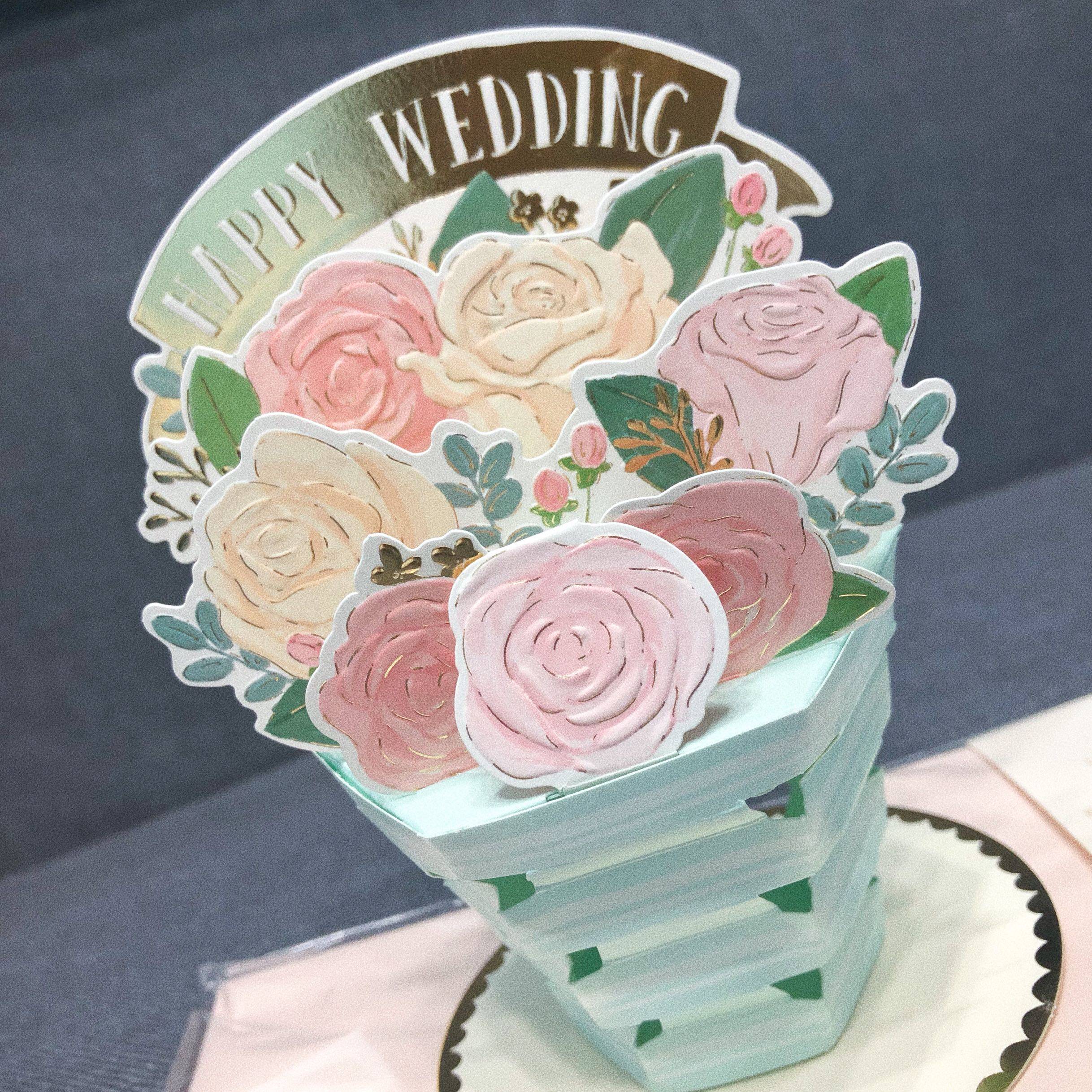 日本购清新玫瑰立体花盆结婚贺卡庆祝好友领导同事婚礼祝福卡片