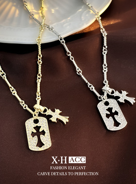 高定欧美时尚满钻镂空十字架项链小众设计感锁骨链轻奢高级感项饰