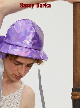 SassyBarka反光镭射防水防雨科技面料前短后长檐系带护耳雨帽紫色