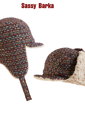SassyBarka飞跃彩虹限量国现彩格撞色护耳保暖加绒雷锋帽子设计师