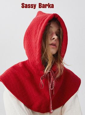 SassyBarka升级版复古小红帽童话尖顶披肩正红护耳保暖帽系带抽绳