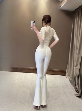 思瑞 自留天天穿白色长裤 翘臀修身加厚微喇高腰弹力前开叉休闲裤