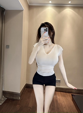 思瑞 桑蚕丝小飞袖T恤 夏季四色v领弹力修身显瘦简约百搭打底上衣