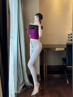 提臀显身材高腰百搭裸感米灰色长裤 修身 裸感弹力小脚牛仔裤 思瑞