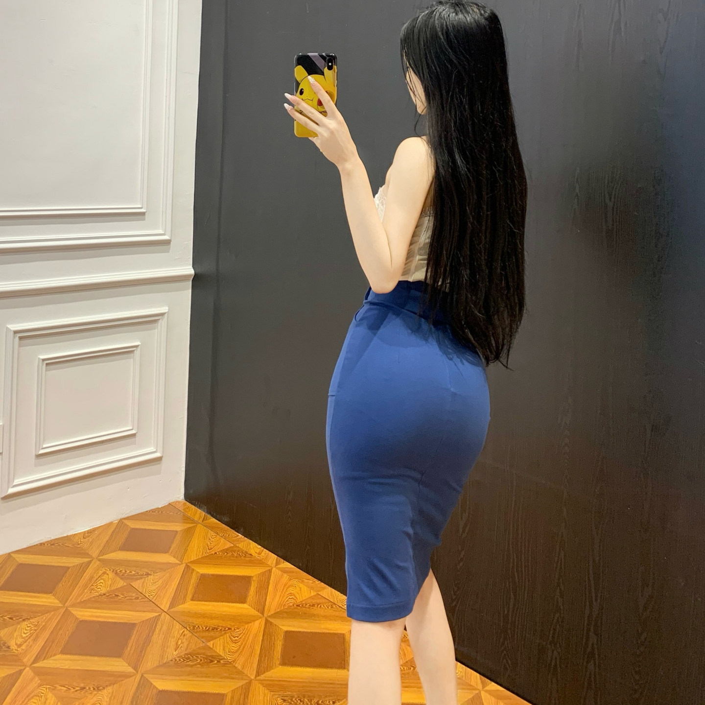 思瑞 蓝宝石裙 修身版前开叉金色复古纽扣显腿长高腰包臀中长裙