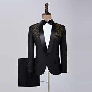 黑色亮片西装歌手艺考主持人礼服大合唱晚宴男士西服套装演出服