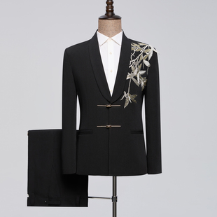 新中式男装西服套装新郎结婚礼服国风青果领西装宴会主持人演出服