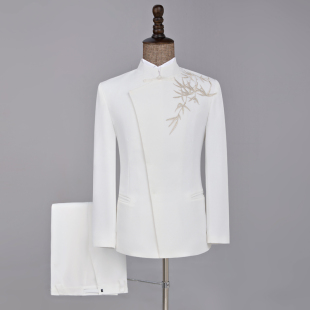 白色新中式中山装男士国风制服高级感舞台演出服主持人西服套装
