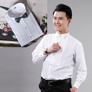 男士休闲白色长袖衬衫春夏舞台大合唱演出服修身薄款伴郎西装衬衣