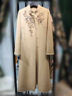 纯手工刺绣双面羊绒大衣女驼色秋冬新款腰带修身高端定制羊毛外套