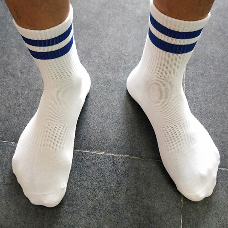 浪兮男士袜子ins潮流两道杠条纹纯棉春秋复古男生白袜中筒运动袜