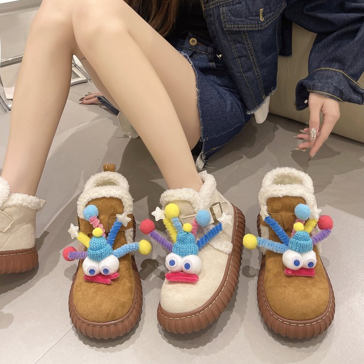 时尚卡通大眼睛保暖毛毛雪地靴女