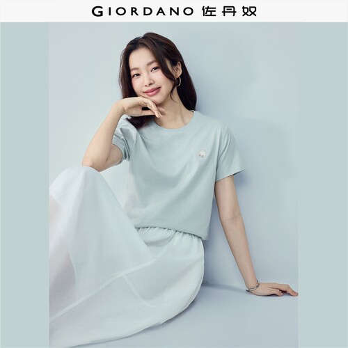 佐丹奴T恤女装纯棉i与e的日常主题刺绣圆领针织短袖T恤 05395382