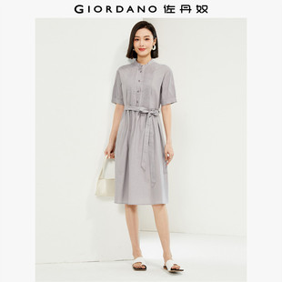 佐丹奴裙子女装天然麻棉梭织压褶绑带小立领连衣裙 13464202