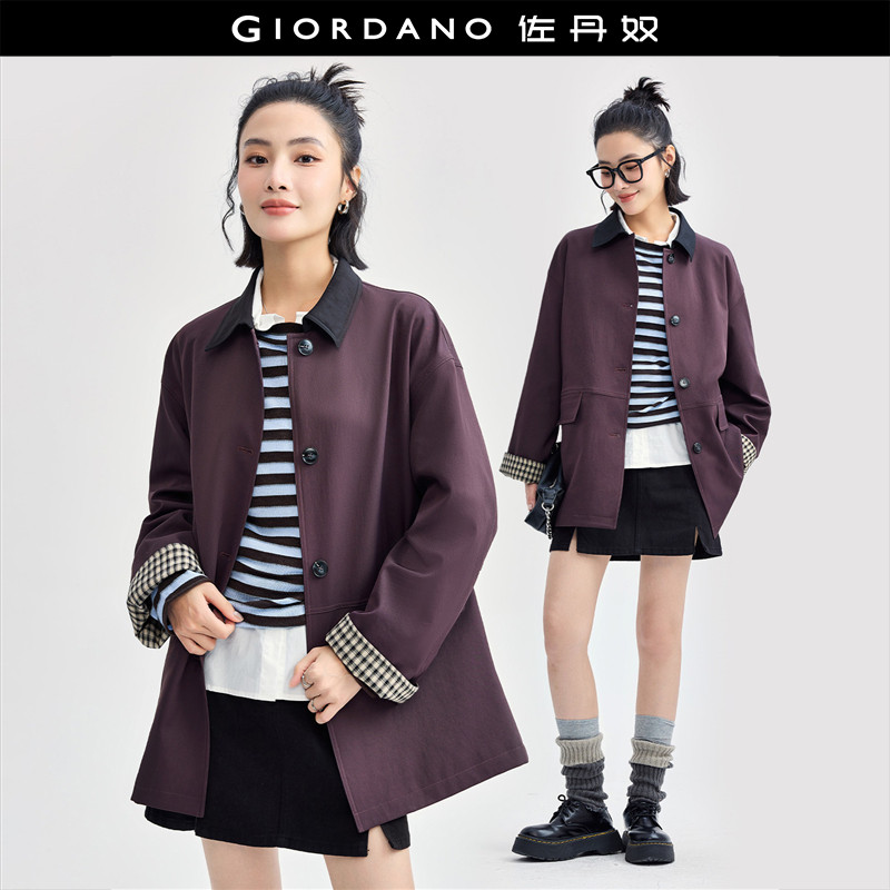 佐丹奴外套女装拼接翻领格子袖口梭织风衣外套 18374906