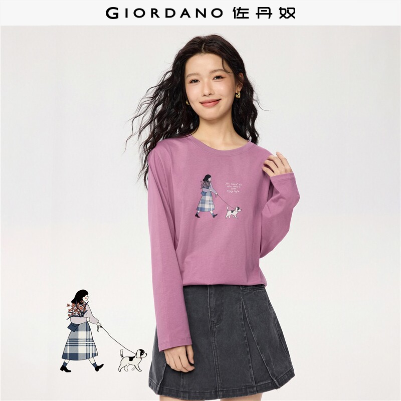 佐丹奴T恤女装纯棉趣味时光主题印花圆领针织长袖T恤 13395790