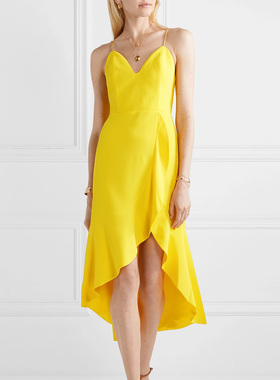 黄色吊带轻礼服V领荷叶边夏季雪纺燕尾连衣裙2025夏装新款长裙