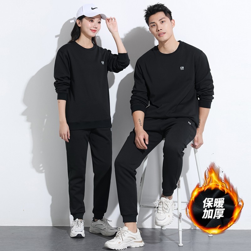 秋冬季情侣加绒运动套装男女同款宽松圆领卫衣加厚保暖套头休闲服
