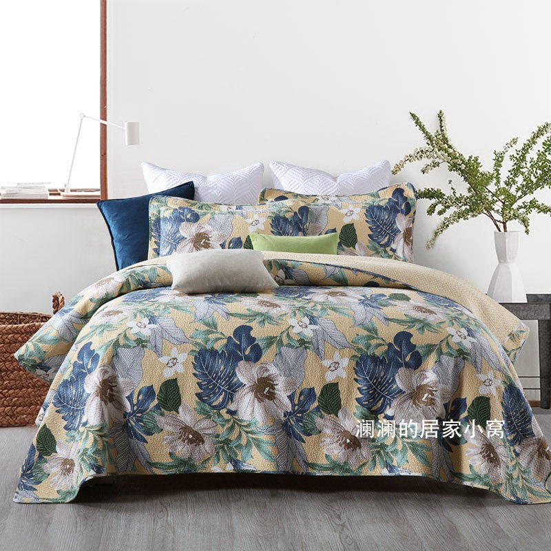 田园外贸出口全棉床盖三件套韩国水洗绗缝被欧式夹棉纯棉床单床品