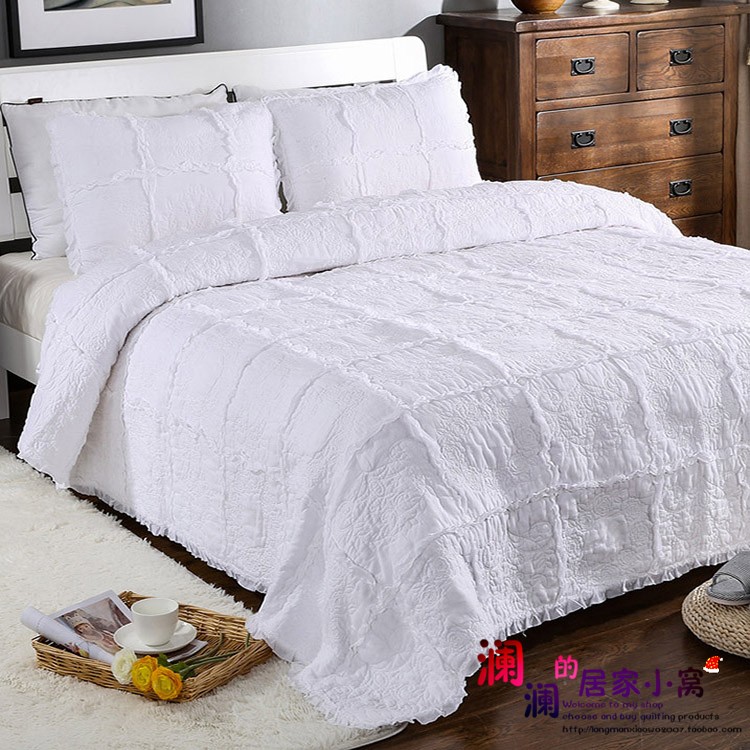 美式白色绣花绗缝被三件套出口全棉绗缝被美单床盖床单空调被