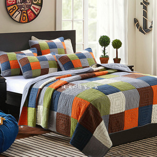 外贸拼块美式绗缝被子三件套纯棉韩国床盖拼布水洗夹棉床单空调被
