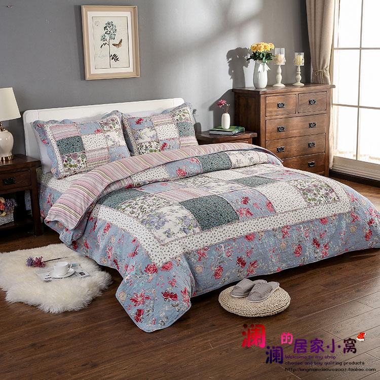 韩式蓝色真拼纯棉床盖枕套水洗被