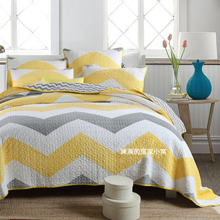 拼块绗缝被三件套加厚床单床盖夏凉被空调被 黄白波浪条纹韩式 美式