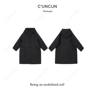 【村村CUNCUN】秋冬新款保暖中长款牛角扣连帽羊绒大衣设计师