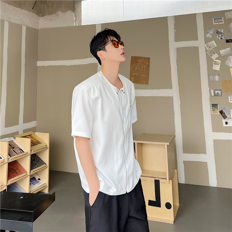 24年夏新款潮流时髦韩版小众金属装饰短袖拉链大垫肩衬衣D28-P75,男装T恤,星座1304（原C205）