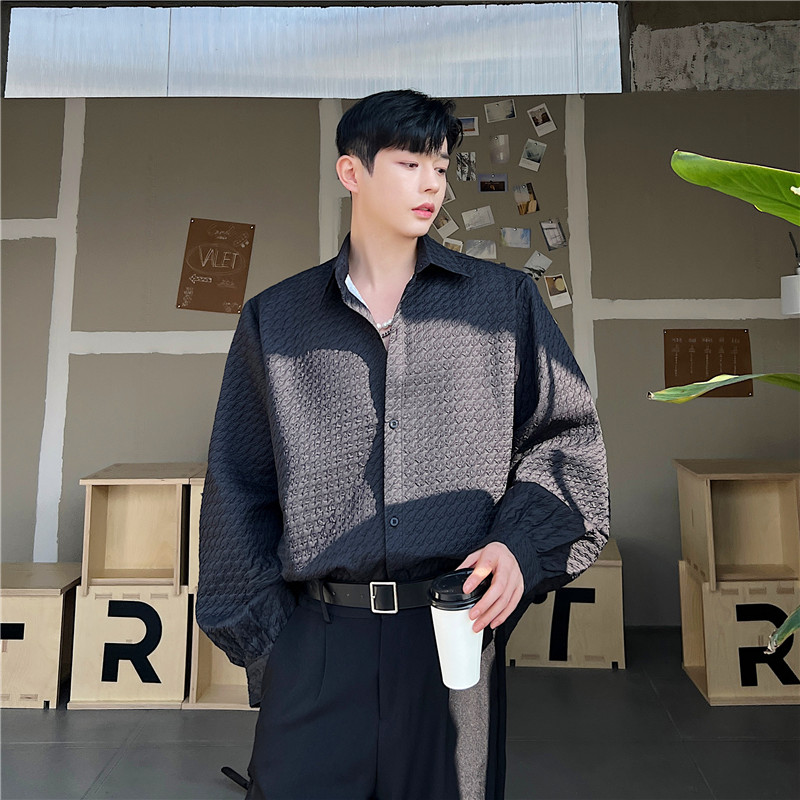 23春夏新款潮流时髦浮雕压花千鸟格个性宽松休闲韩版衬衣S212-P80,男装衬衫,星座1304（原C205）