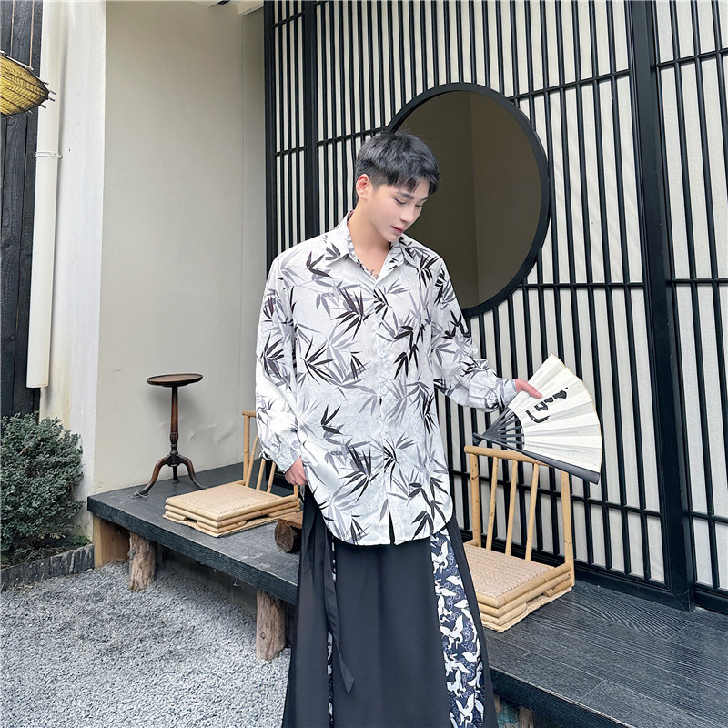 24年夏季新款潮流时髦新中式竹叶印花宽松休闲薄款衬衣S281-P75,男装衬衫,星座1304（原C205）