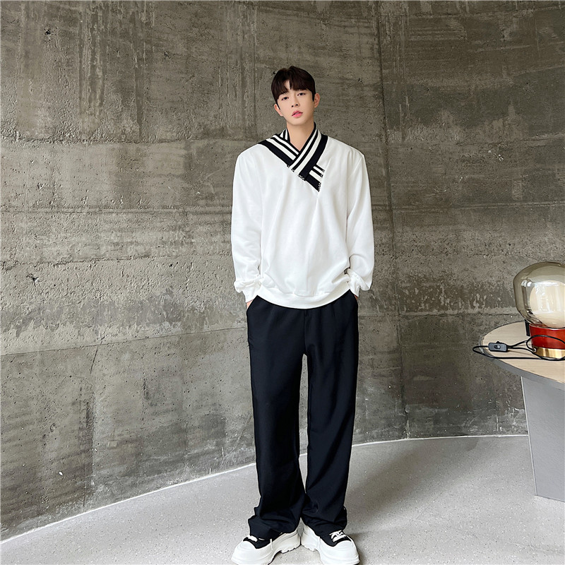 23年春季潮流时髦韩版手工条纹撞色V型领宽松休闲长袖卫衣H48-P80,男装卫衣,星座1304（原C205）