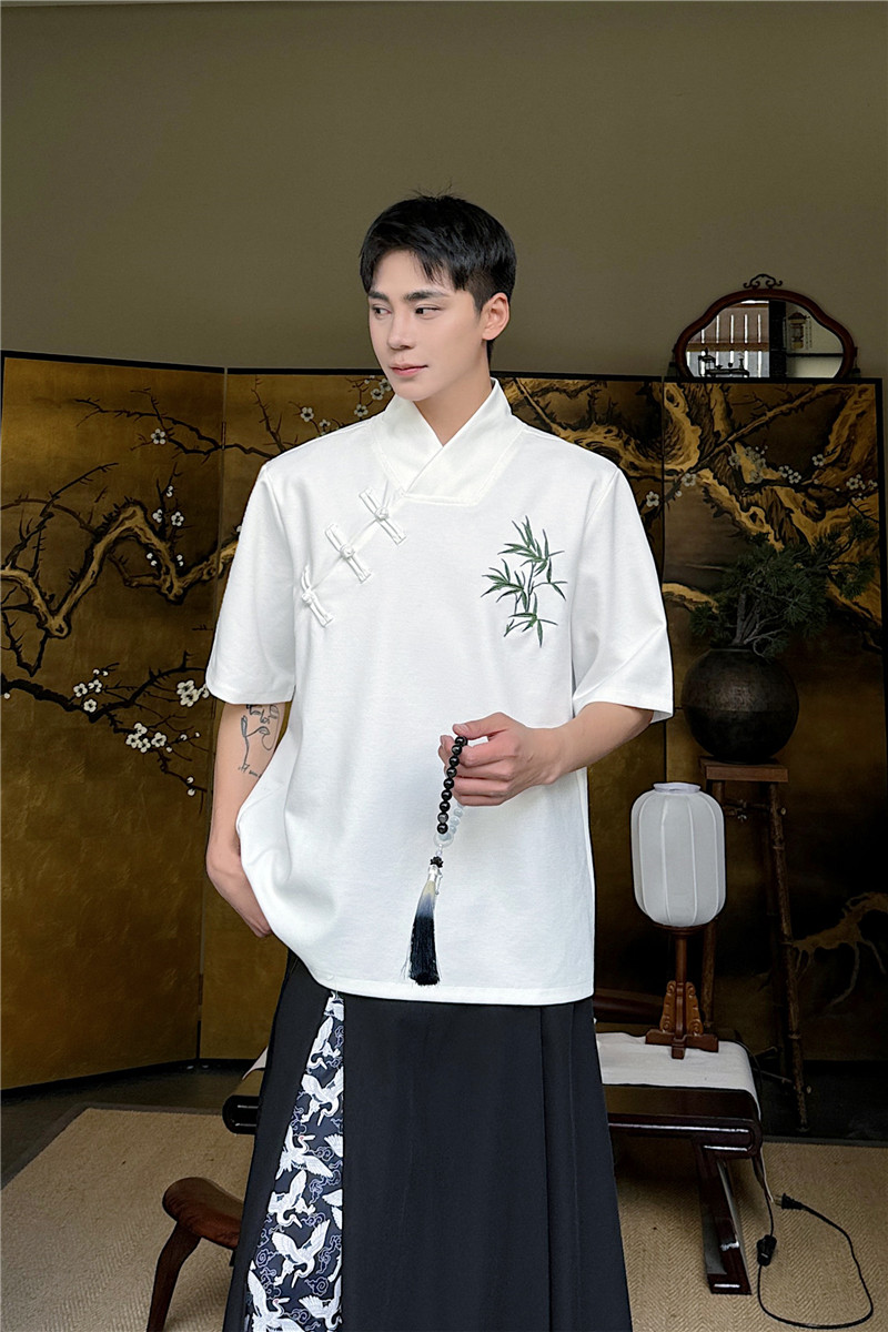 24夏季新款潮流时髦宽V领设计新中式刺绣设计小众风T恤D40-P70,男装T恤,星座1304（原C205）