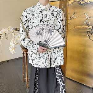 24新款潮流时髦个性风设计金属盘扣印花立领长袖衬衣S259-P90图片