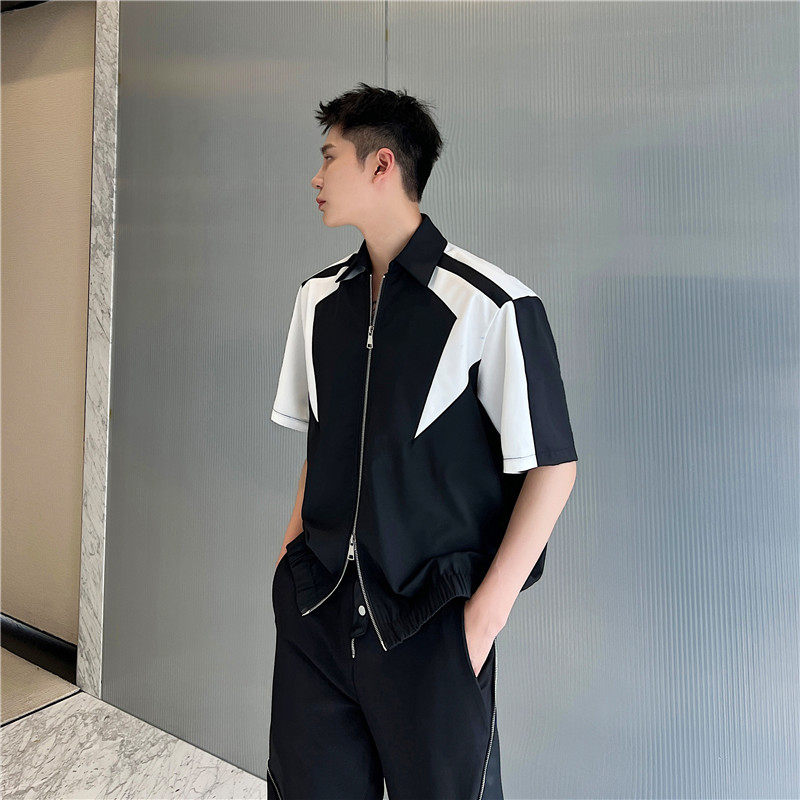23夏季新款潮流时髦个性黑白撞色设计双开拉链短袖衬衣S233-P115,男装衬衫,星座1304（原C205）
