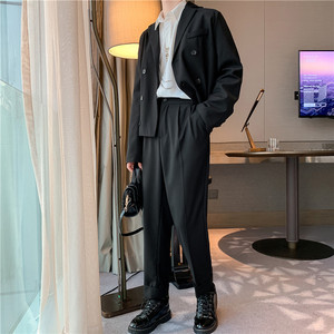 21年春新小众暗黑风韩版修身流行个性双排扣西服套装TF09-P175图片