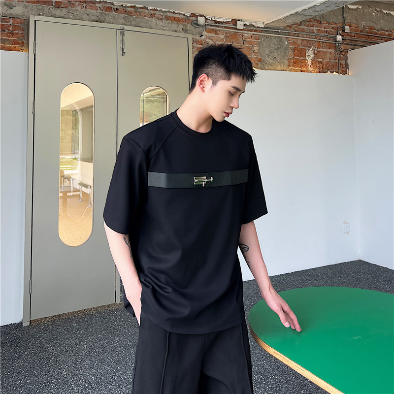 23夏新款潮流时髦高级感个性皮带金属装饰宽松休闲韩版T恤D35-P75,男装T恤,星座1304（原C205）