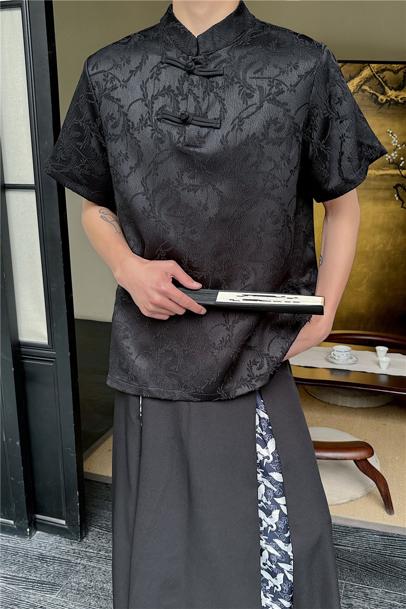24年夏季新款新中式盘扣装饰定制风提花面料短袖T恤男女D39-P60,男装T恤,星座1304（原C205）