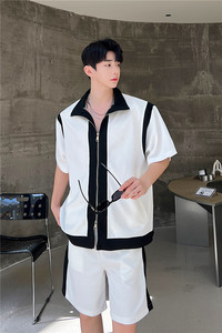 23夏新款潮流时髦个性华夫格撞色双开拉链韩版休闲套装CF14-P125图片